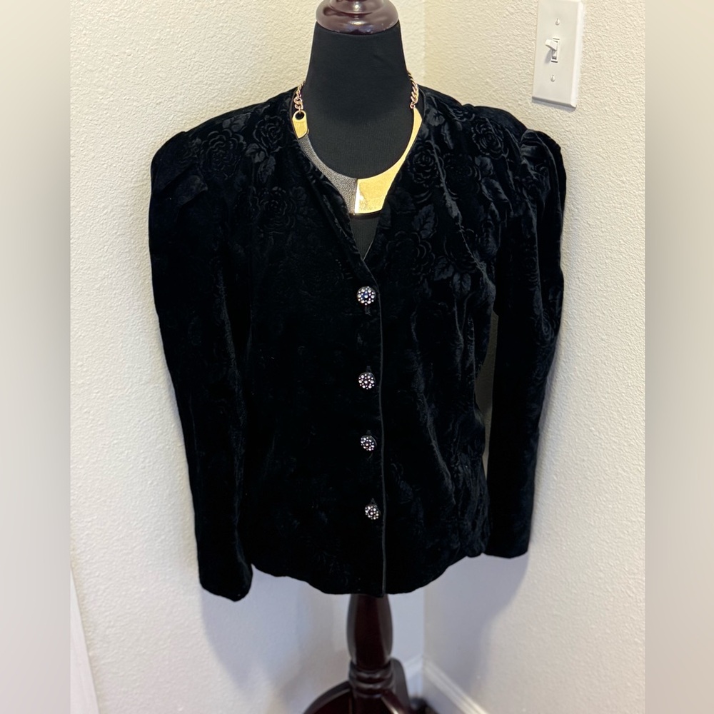 Another Thyme Black Velvet Puff Sleeve Blazer Jacket Rhinestone Whimsigoth 80s L - Picture 7 of 9